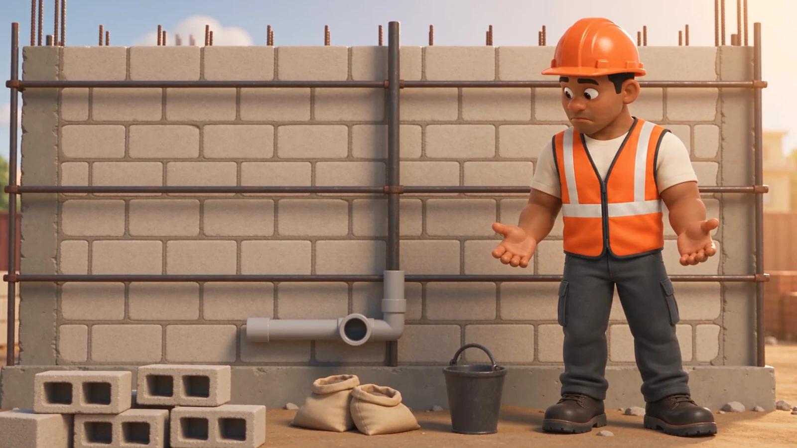 Trabajador en una obra con una conexión de PVC pendiente