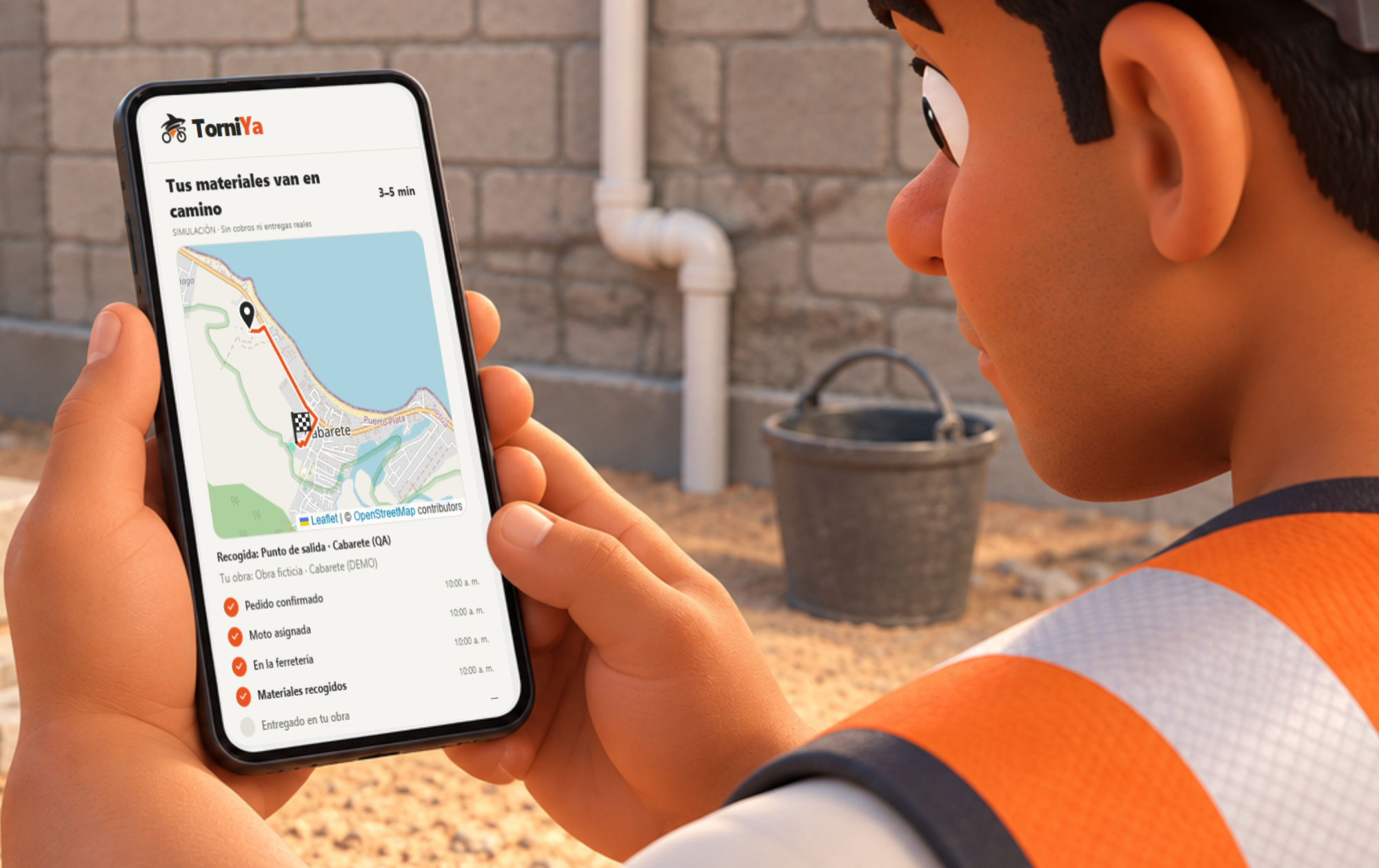 Pantalla real de TorniYa con un recorrido de entrega simulado, en el teléfono del trabajador