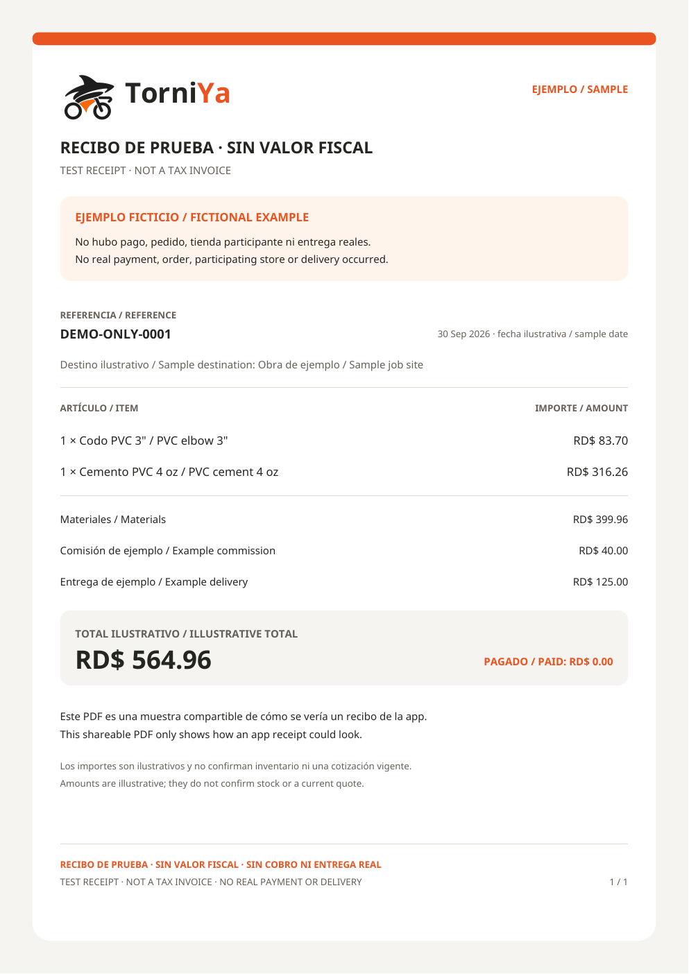 Vista previa de un recibo de prueba sin valor fiscal